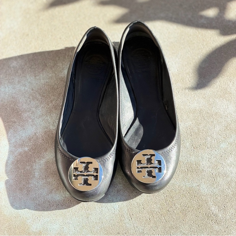 Tory Burch Metallic Silver Logo Ballet Flats